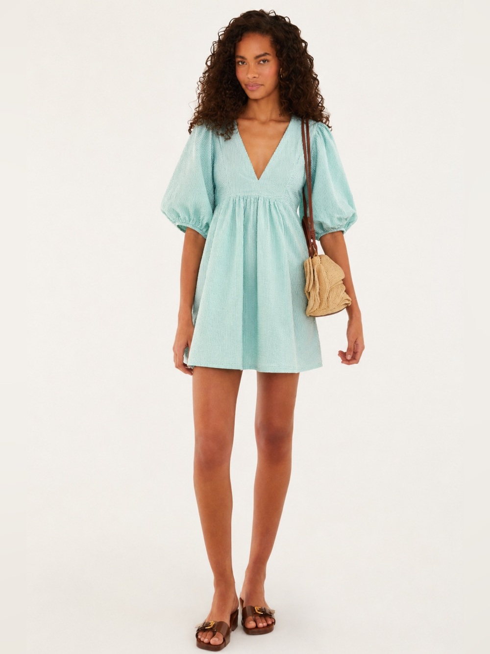 Urban Outfitters UO Charlotte Seersucker Puff Sleeve Mini Babydoll Dress M